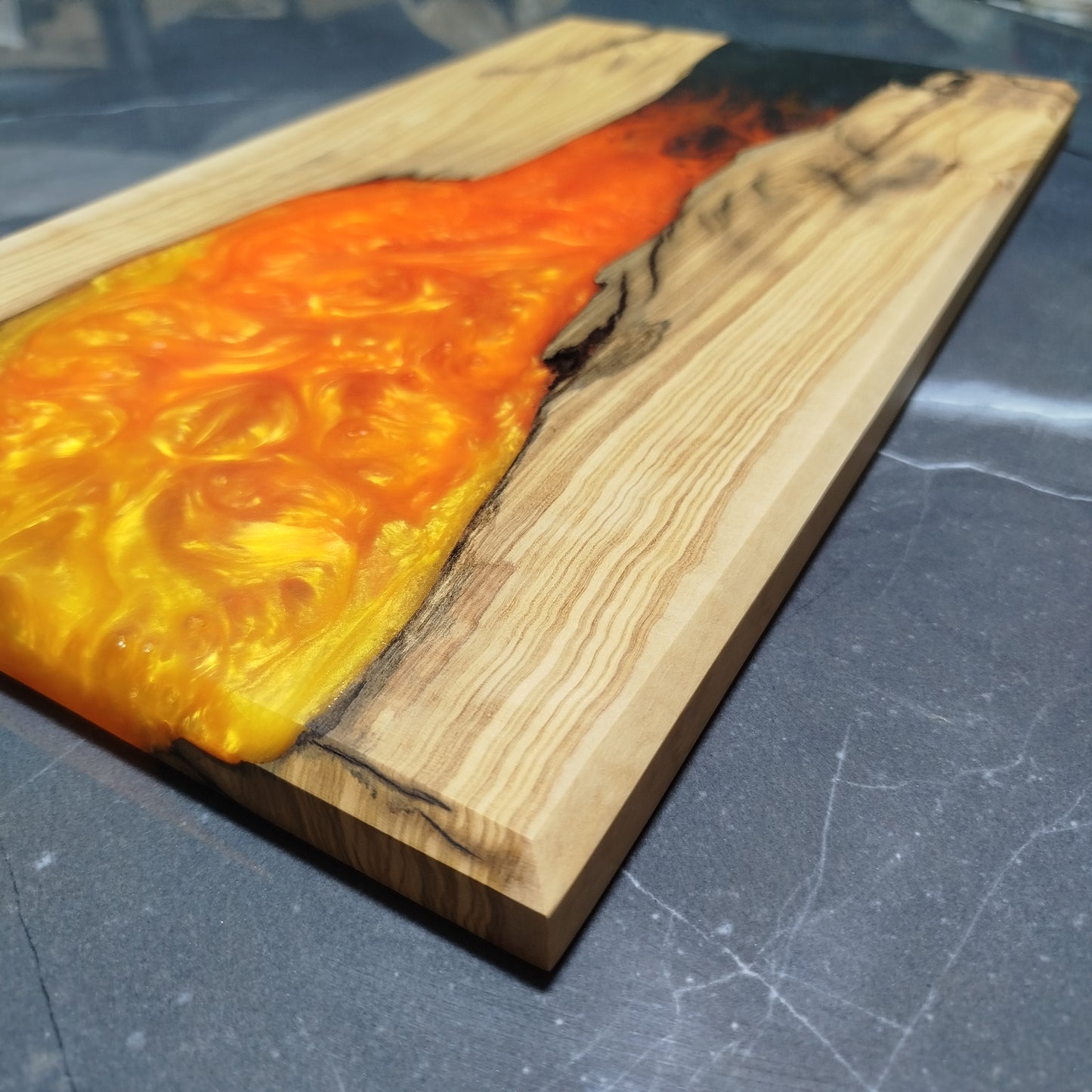 Molten Amber – Handcrafted Olive Wood and Epoxy Resin Charcuterie Board