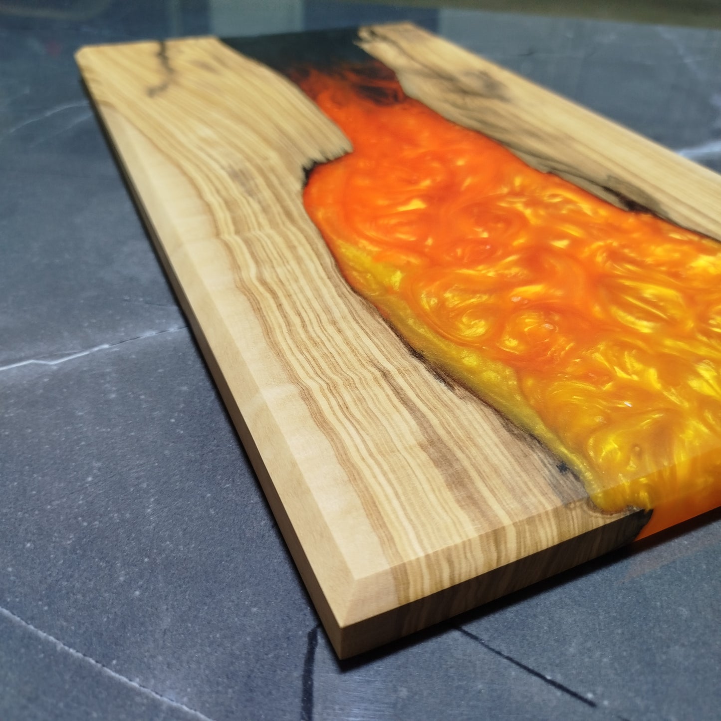 Molten Amber – Handcrafted Olive Wood and Epoxy Resin Charcuterie Board