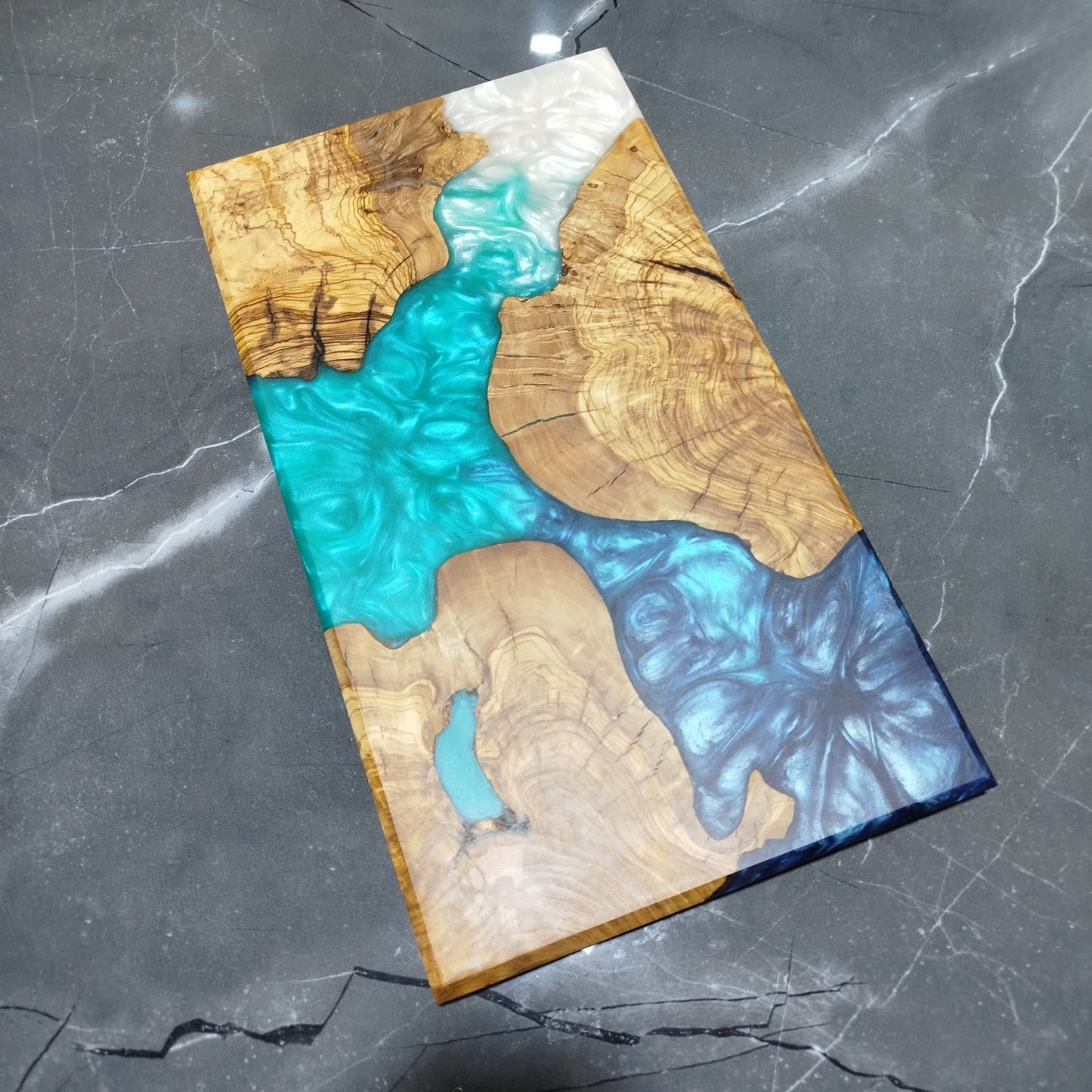 Ocean Trinity – Handcrafted Olive Wood and Epoxy Resin Charcuterie Board