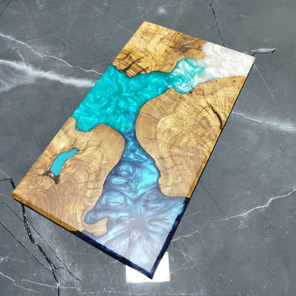 Ocean Trinity – Handcrafted Olive Wood and Epoxy Resin Charcuterie Board