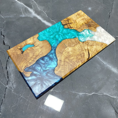 Ocean Trinity – Handcrafted Olive Wood and Epoxy Resin Charcuterie Board