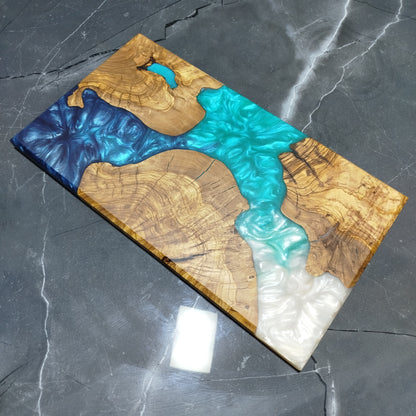 Ocean Trinity – Handcrafted Olive Wood and Epoxy Resin Charcuterie Board