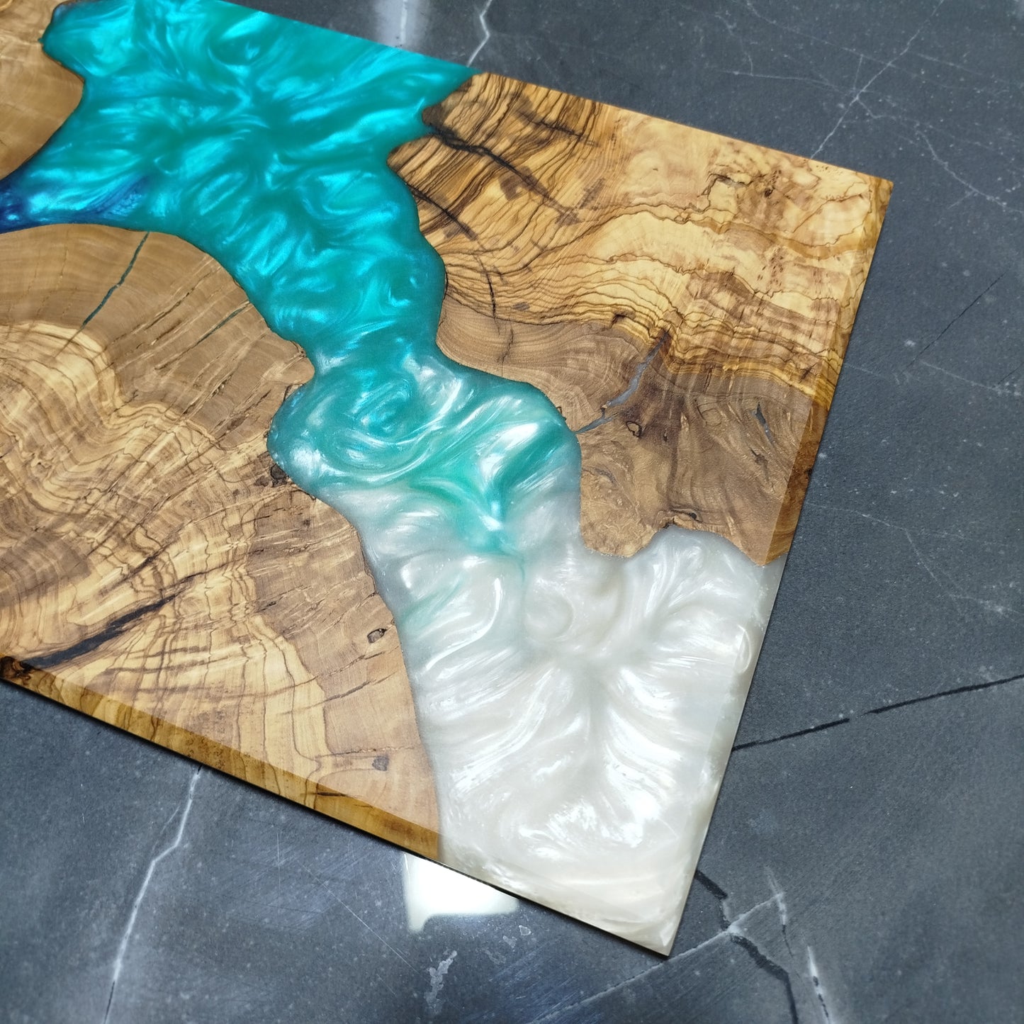 Ocean Trinity – Handcrafted Olive Wood and Epoxy Resin Charcuterie Board