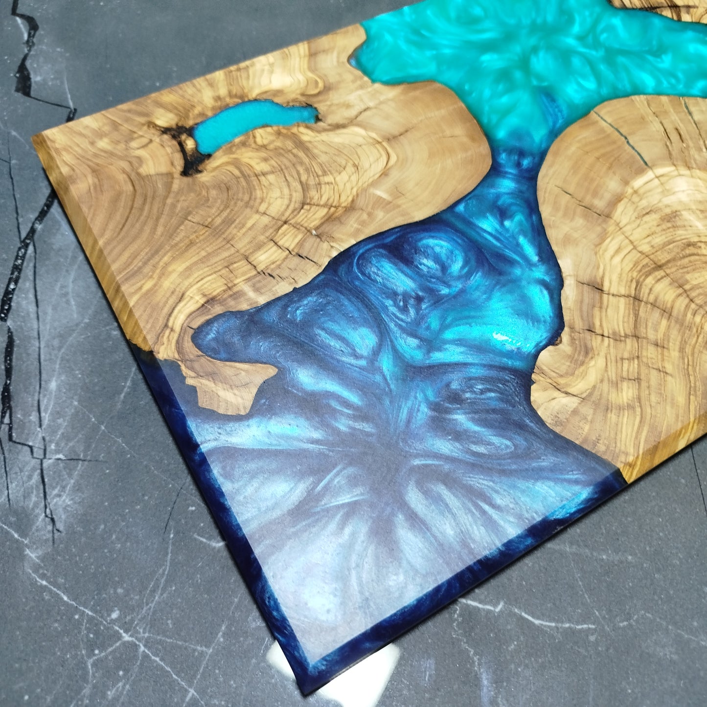 Ocean Trinity – Handcrafted Olive Wood and Epoxy Resin Charcuterie Board