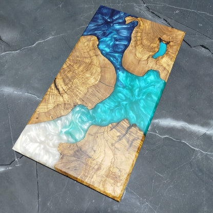 Ocean Trinity – Handcrafted Olive Wood and Epoxy Resin Charcuterie Board