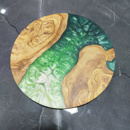 Emerald Veil – Handmade Olive Wood & Epoxy Resin Round Serving Board