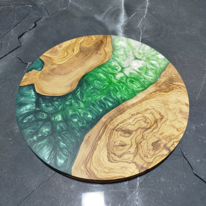 Emerald Veil – Handmade Olive Wood & Epoxy Resin Round Serving Board