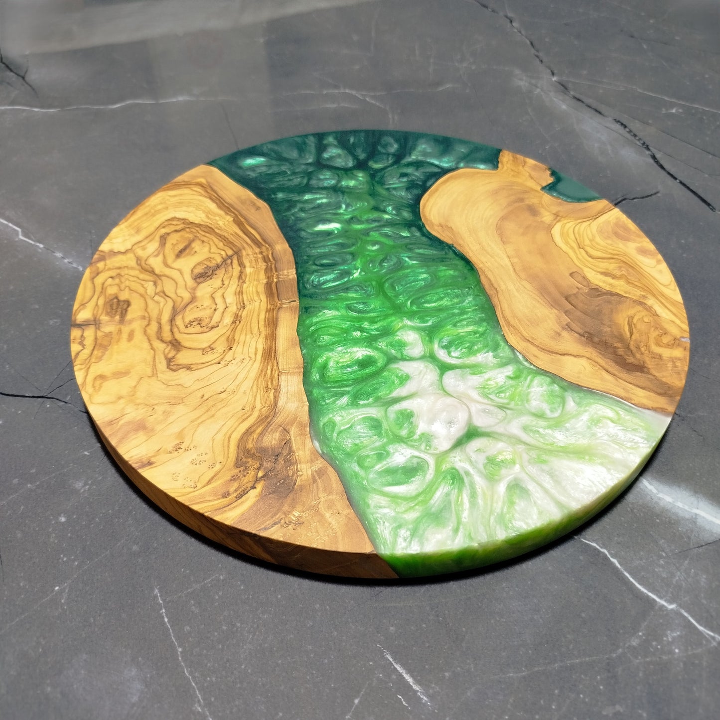 Emerald Veil – Handmade Olive Wood & Epoxy Resin Round Serving Board