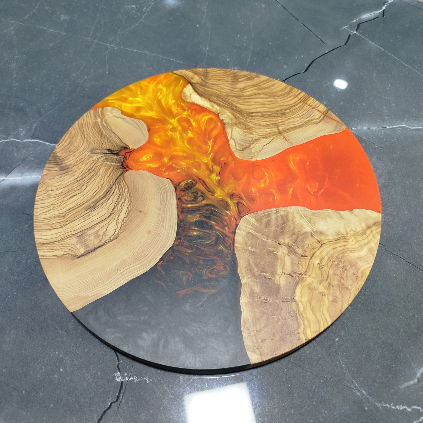 Amber Current – Handmade Olive Wood & Epoxy Resin Round Serving Board