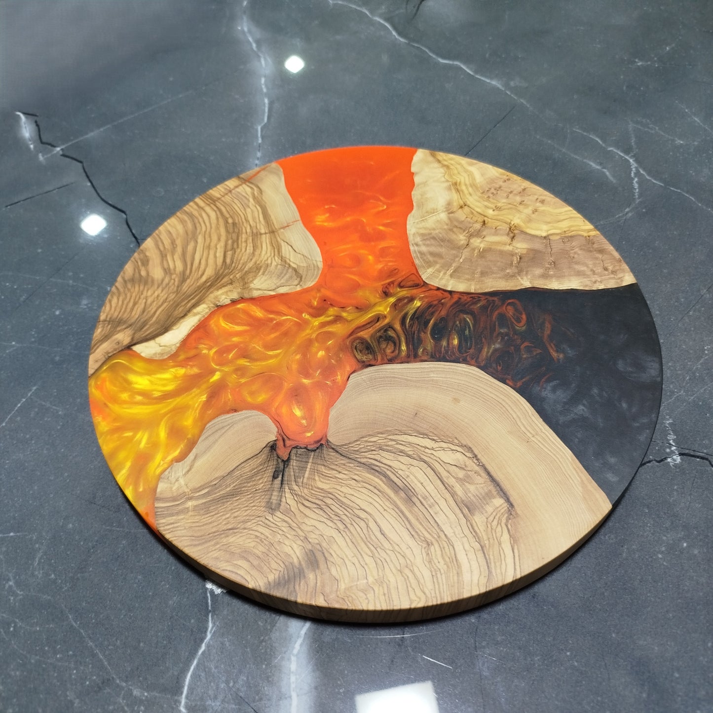 Amber Current – Handmade Olive Wood & Epoxy Resin Round Serving Board