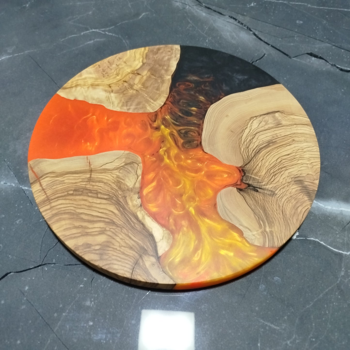 Amber Current – Handmade Olive Wood & Epoxy Resin Round Serving Board