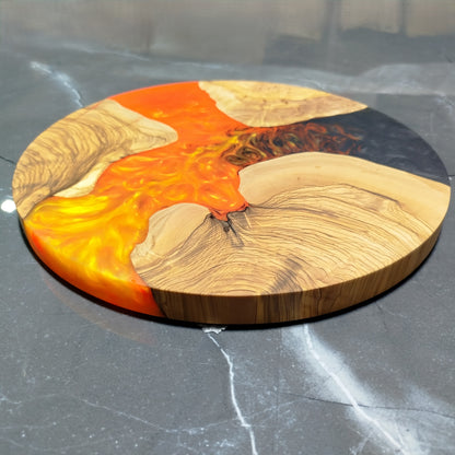 Amber Current – Handmade Olive Wood & Epoxy Resin Round Serving Board