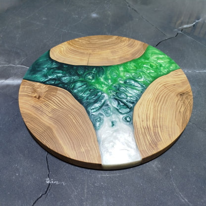 Emerald Cascade – Handmade Olive Wood & Epoxy Resin Round Serving Board