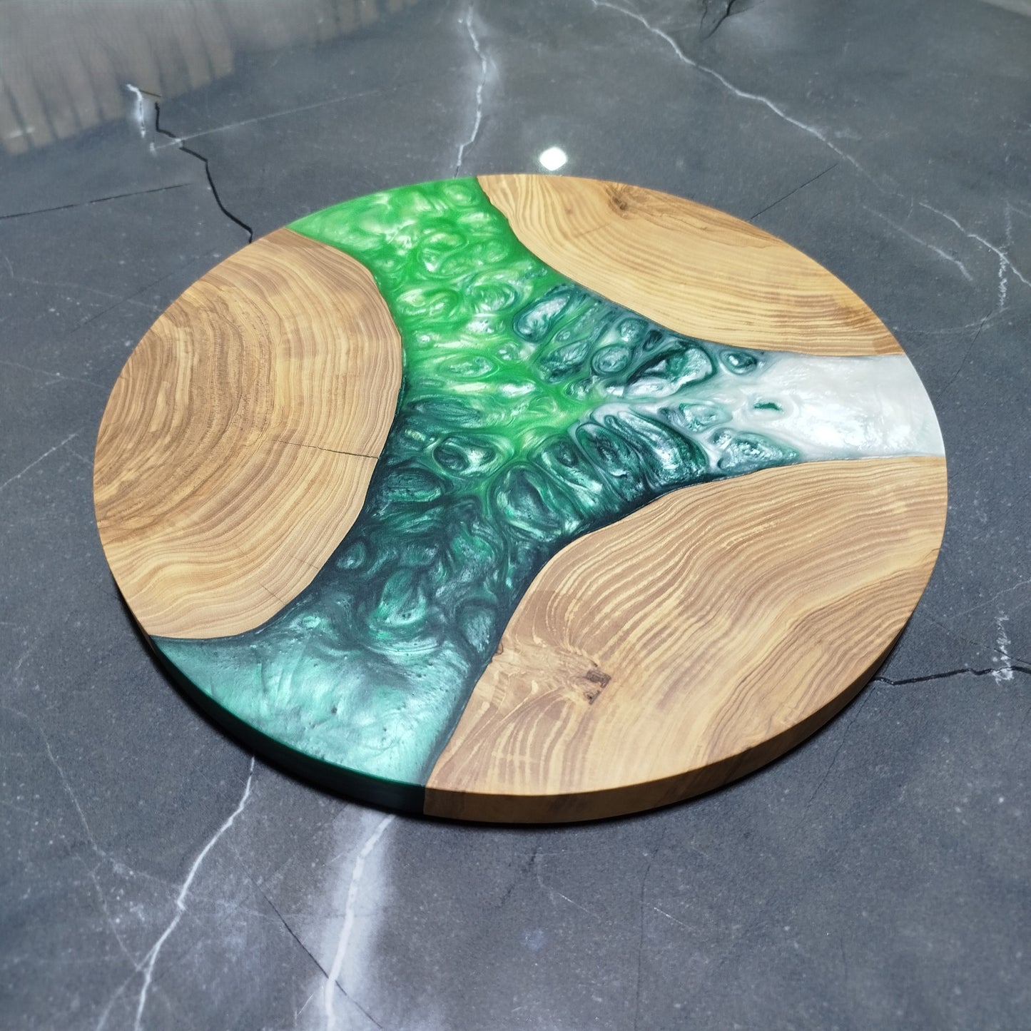Emerald Cascade – Handmade Olive Wood & Epoxy Resin Round Serving Board