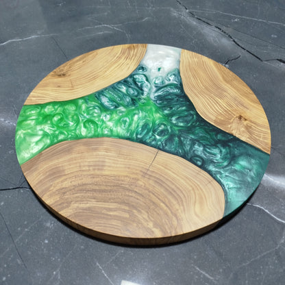 Emerald Cascade – Handmade Olive Wood & Epoxy Resin Round Serving Board