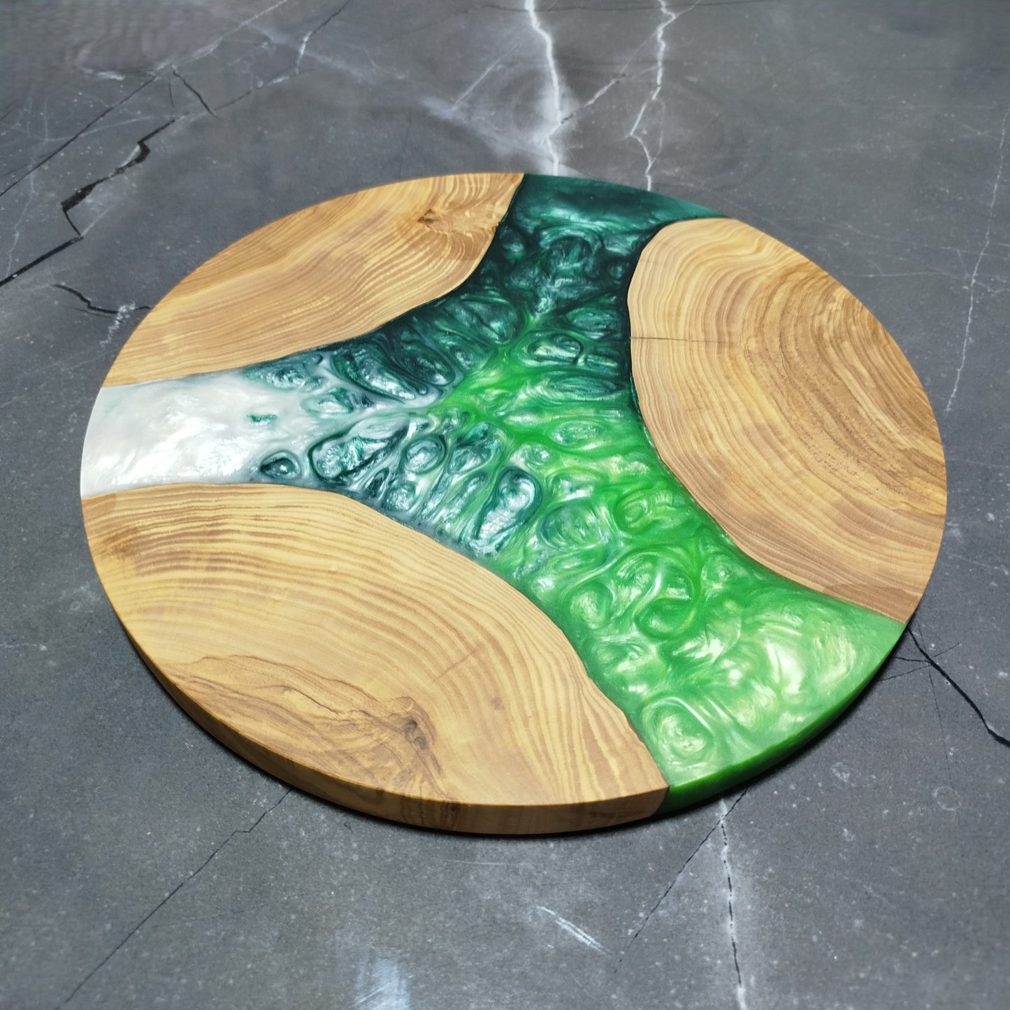 Emerald Cascade – Handmade Olive Wood & Epoxy Resin Round Serving Board
