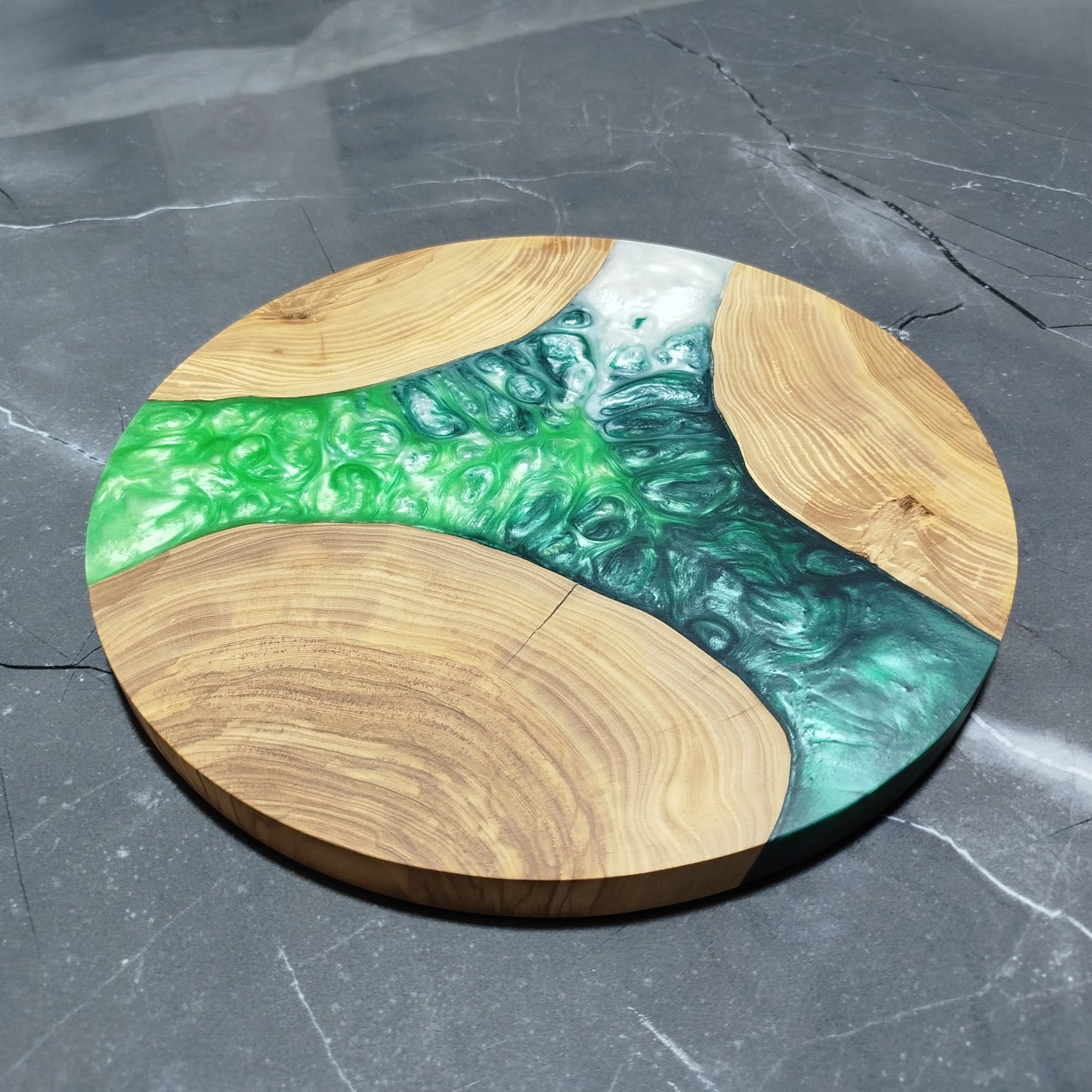 Emerald Cascade – Handmade Olive Wood & Epoxy Resin Round Serving Board