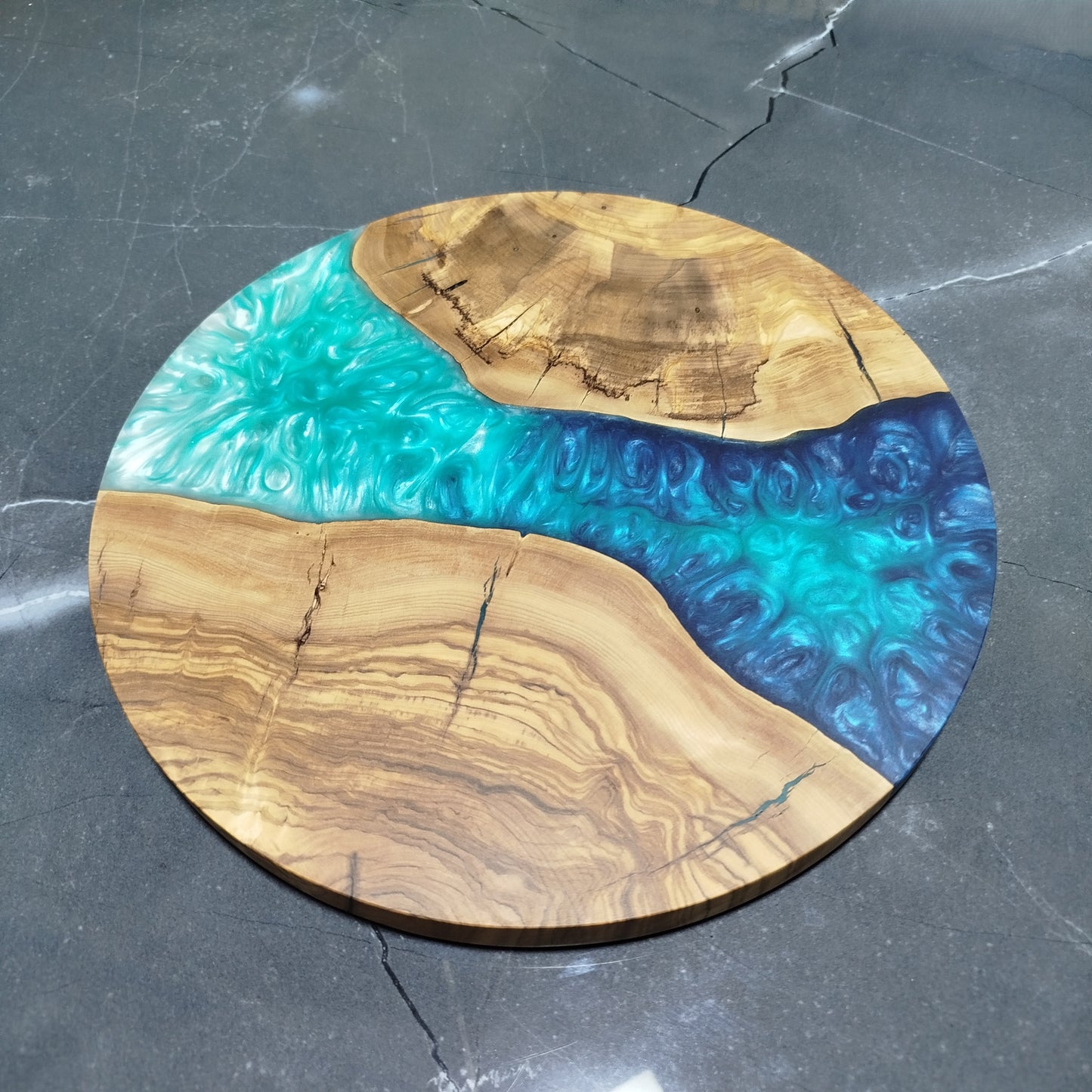 Ocean Passage – Handmade Olive Wood & Epoxy Resin Round Serving Board