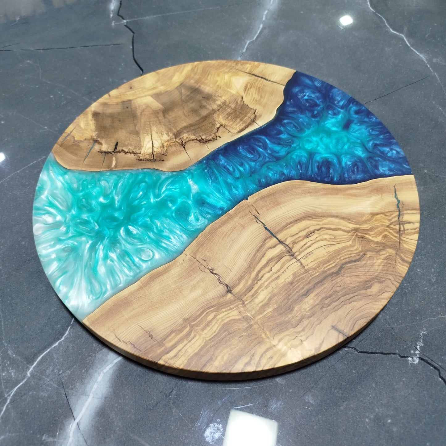 Ocean Passage – Handmade Olive Wood & Epoxy Resin Round Serving Board