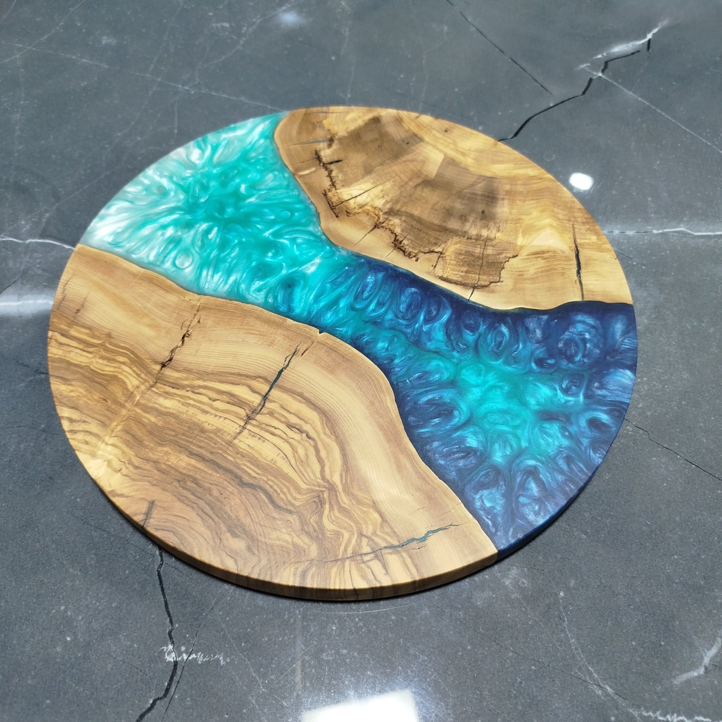 Ocean Passage – Handmade Olive Wood & Epoxy Resin Round Serving Board