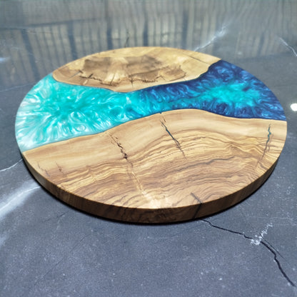 Ocean Passage – Handmade Olive Wood & Epoxy Resin Round Serving Board