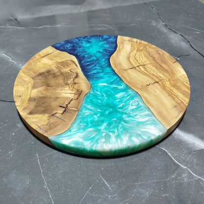 Ocean Passage – Handmade Olive Wood & Epoxy Resin Round Serving Board