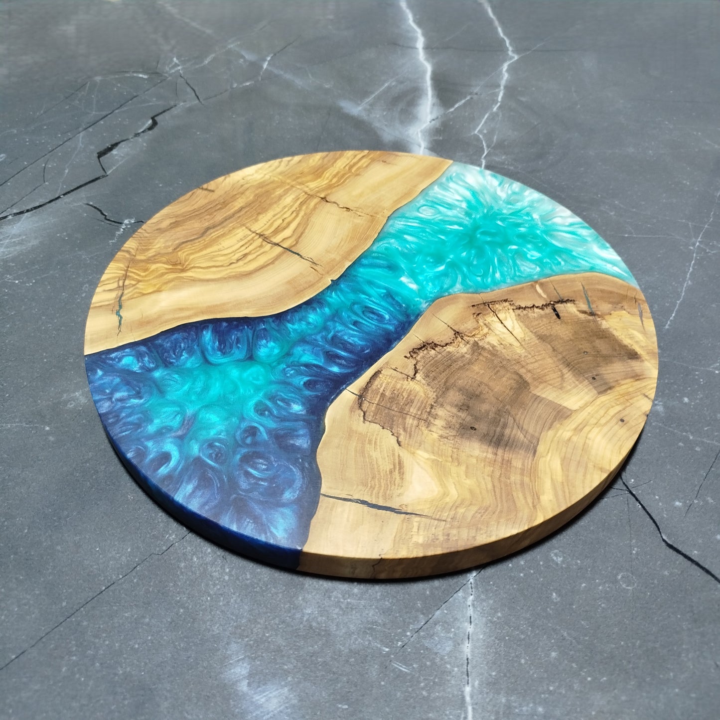 Ocean Passage – Handmade Olive Wood & Epoxy Resin Round Serving Board