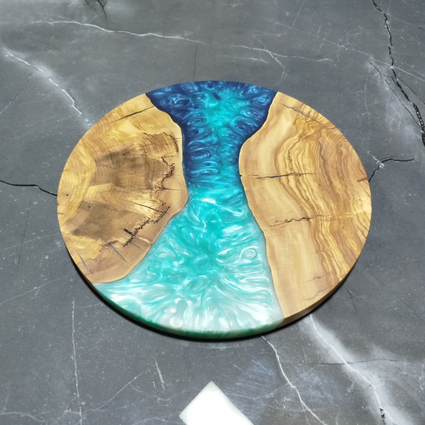 Ocean Passage – Handmade Olive Wood & Epoxy Resin Round Serving Board
