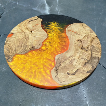 Golden Inferno – Handmade Olive Wood & Epoxy Resin Round Serving Board
