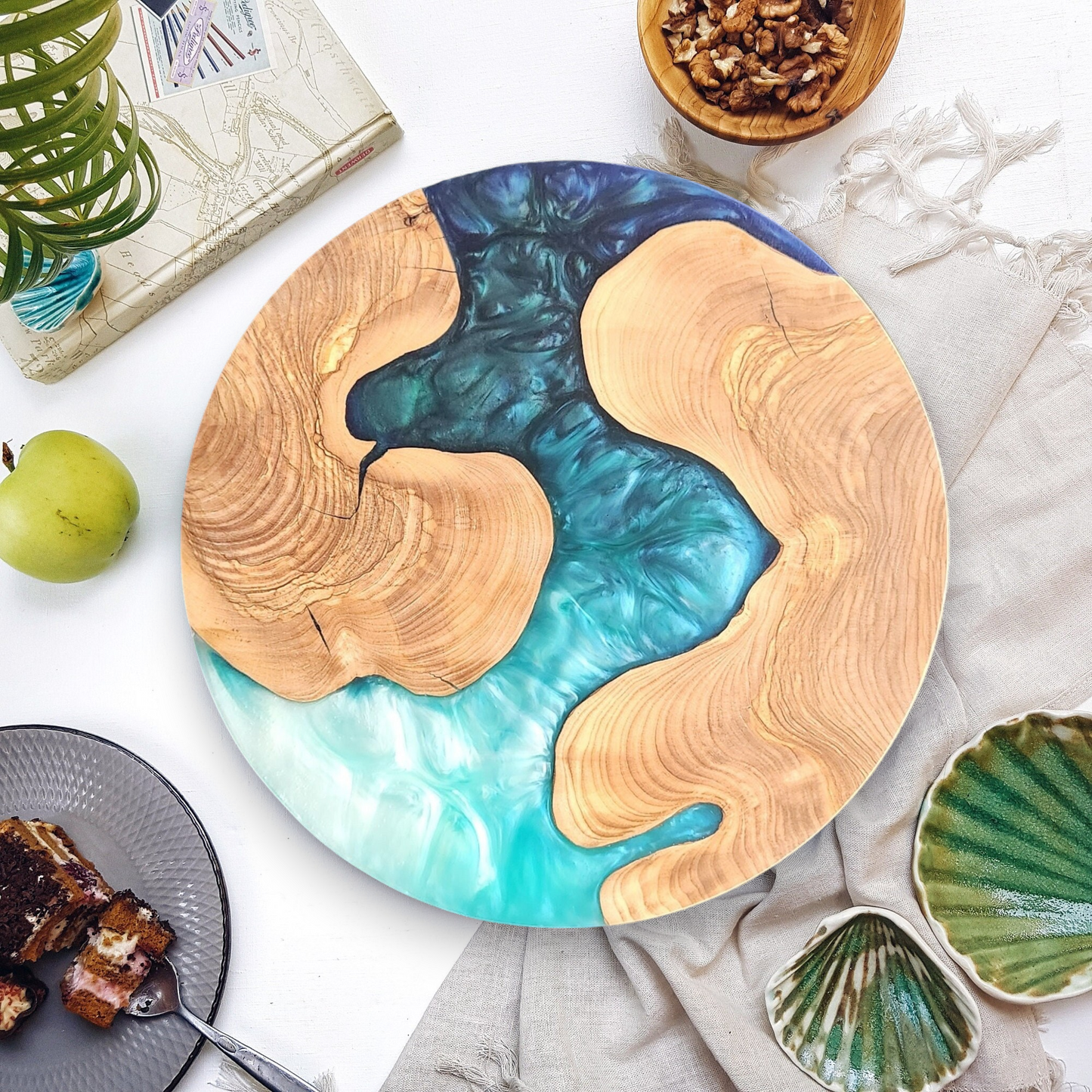 Azure Drift – Handmade Olive Wood & Epoxy Resin Round Serving Board