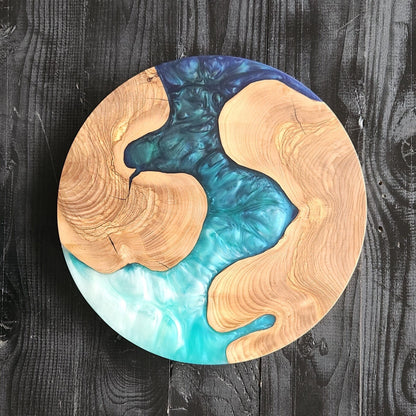 Azure Drift – Handmade Olive Wood & Epoxy Resin Round Serving Board