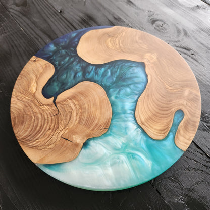 Azure Drift – Handmade Olive Wood & Epoxy Resin Round Serving Board