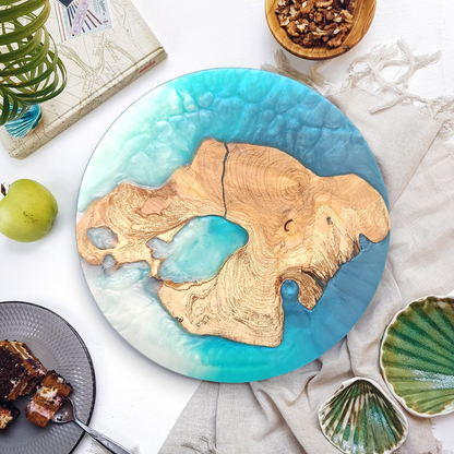 Coastal Halo – Handmade Olive Wood & Epoxy Resin Round Serving Board