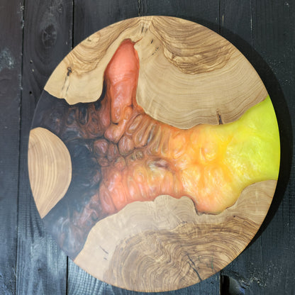 Volcanic Sun – Handmade Olive Wood & Epoxy Resin Round Serving Board