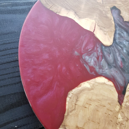 Crimson Obsidian – Handmade Olive Wood & Epoxy Resin Round Serving Board