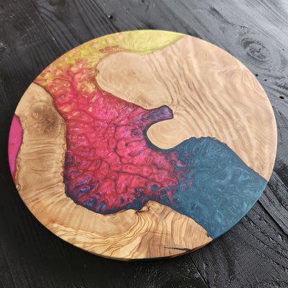 Sunset Coral – Handmade Olive Wood & Epoxy Resin Round Serving Board