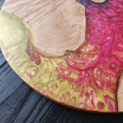 Sunset Coral – Handmade Olive Wood & Epoxy Resin Round Serving Board