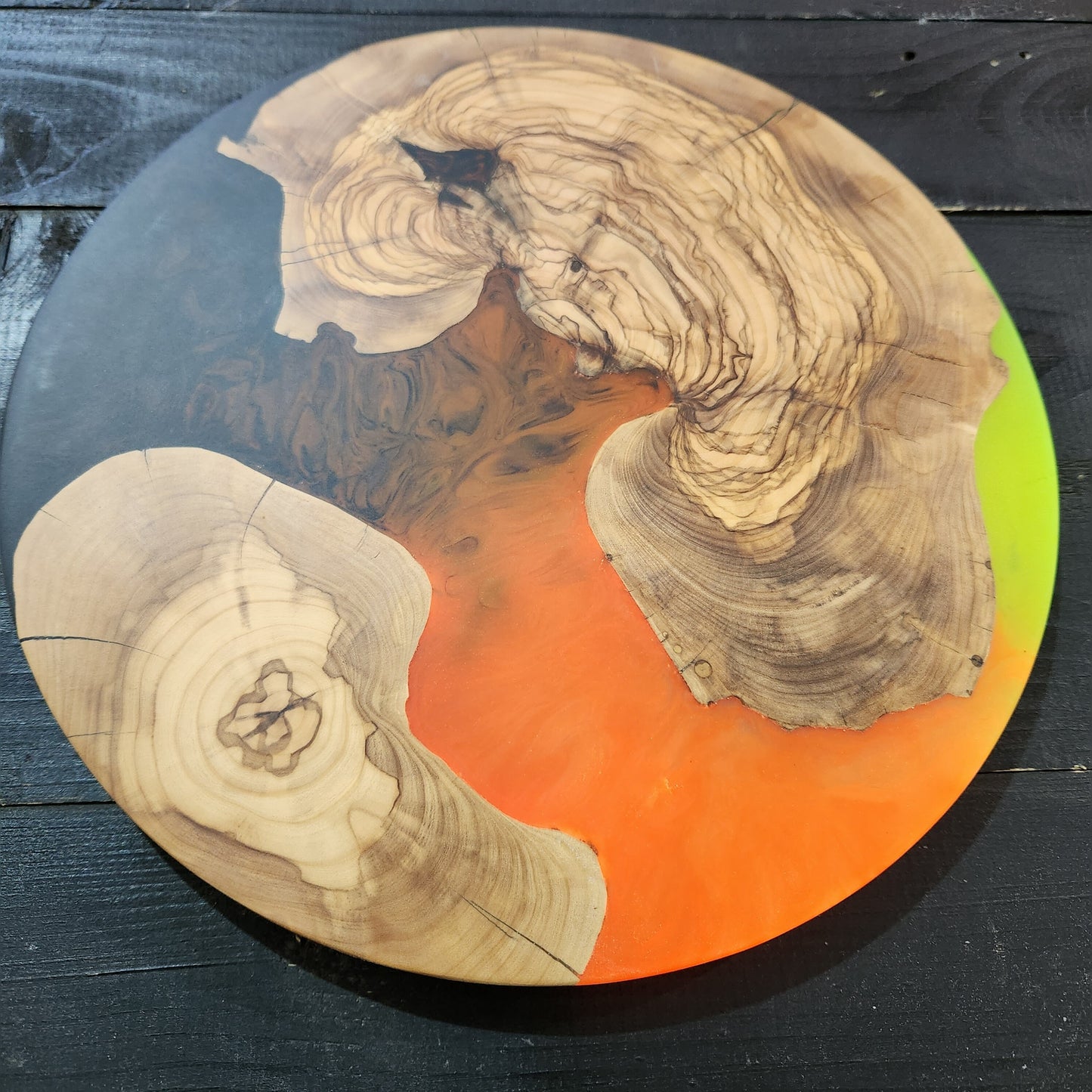 Neon Ember – Handmade Olive Wood & Epoxy Resin Round Serving Board