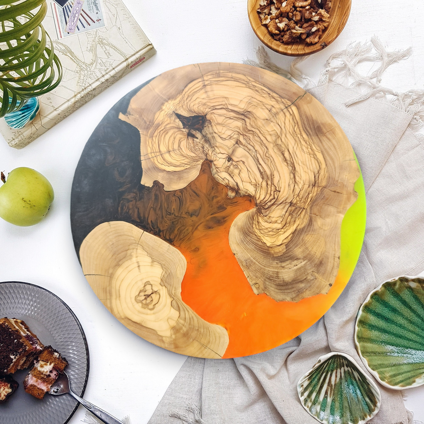 Neon Ember – Handmade Olive Wood & Epoxy Resin Round Serving Board