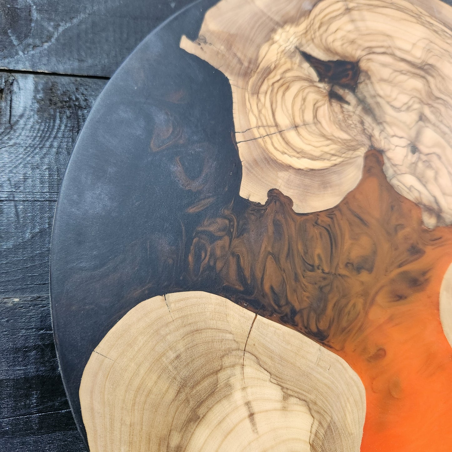 Neon Ember – Handmade Olive Wood & Epoxy Resin Round Serving Board