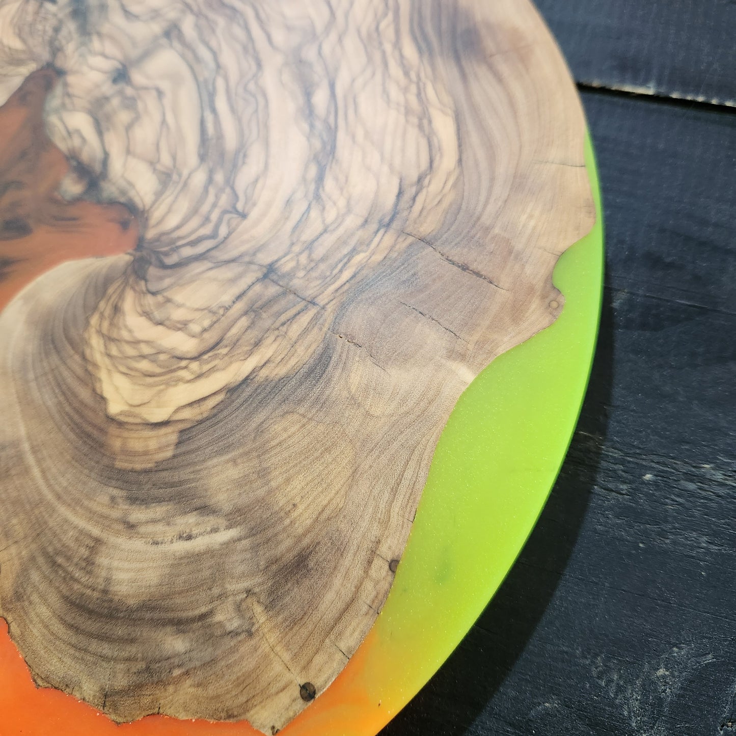 Neon Ember – Handmade Olive Wood & Epoxy Resin Round Serving Board