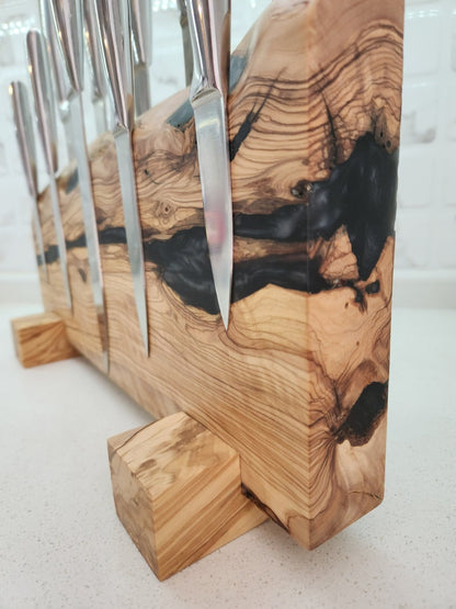 Handcrafted Olive Wood Magnetic Knife Stand with Epoxy Resin