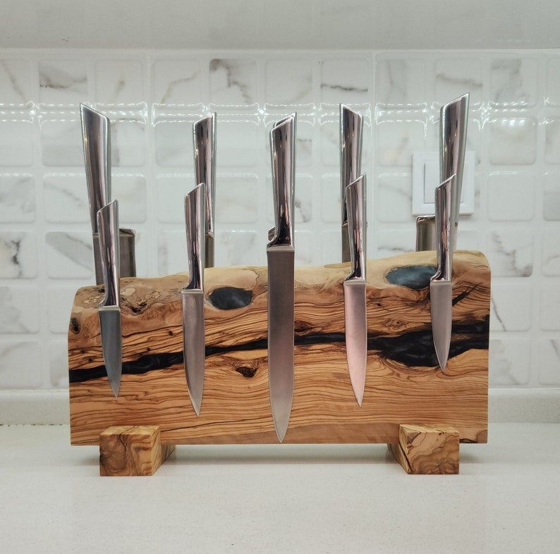 Handcrafted Olive Wood Magnetic Knife Stand with Epoxy Resin
