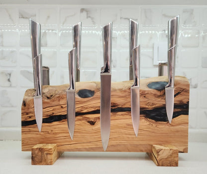 Handcrafted Olive Wood Magnetic Knife Stand with Epoxy Resin