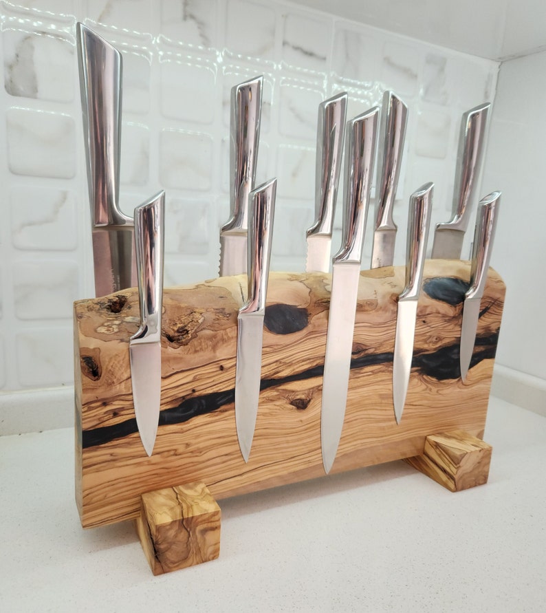Handcrafted Olive Wood Magnetic Knife Stand with Epoxy Resin