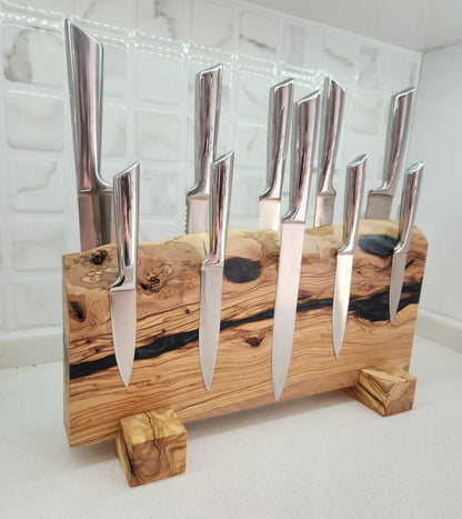 Handcrafted Olive Wood Magnetic Knife Stand with Epoxy Resin