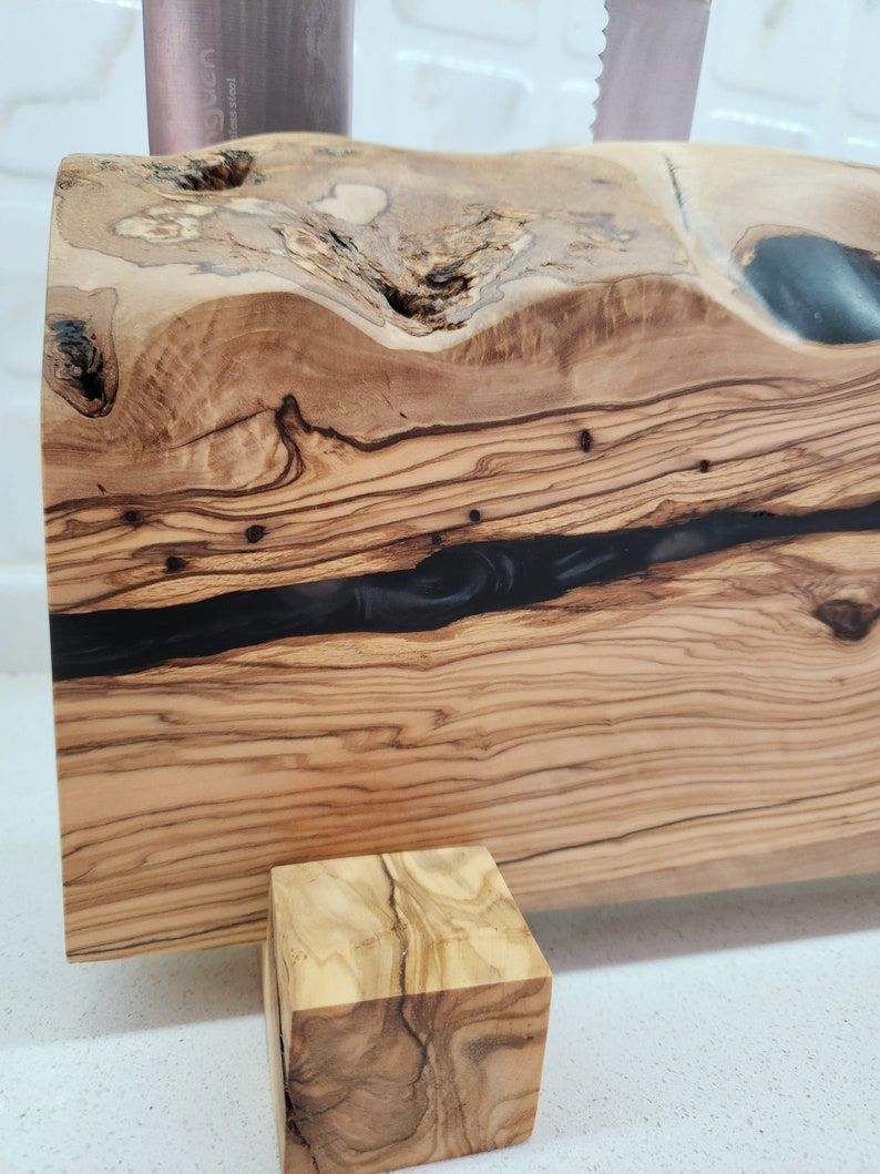 Handcrafted Olive Wood Magnetic Knife Stand with Epoxy Resin