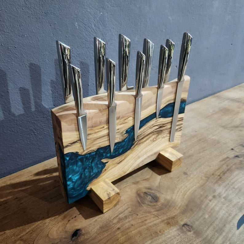 Olive Wood Magnetic Knife Stand with Resin Epoxy