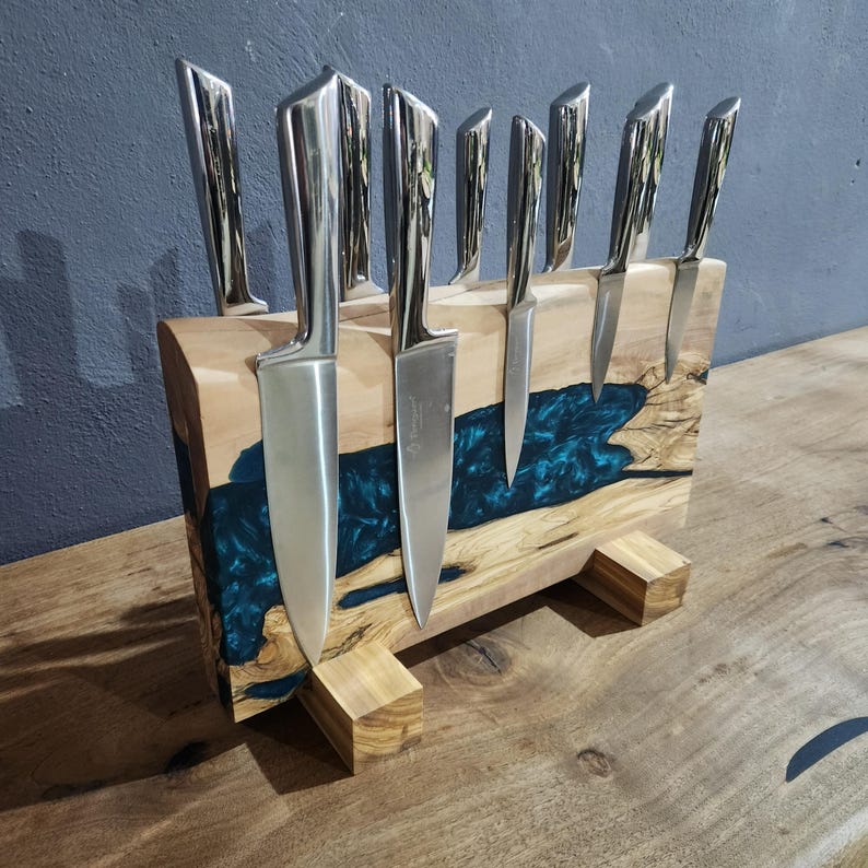 Olive Wood Magnetic Knife Stand with Resin Epoxy