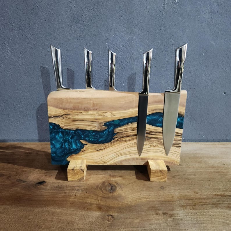 Olive Wood Magnetic Knife Stand with Resin Epoxy